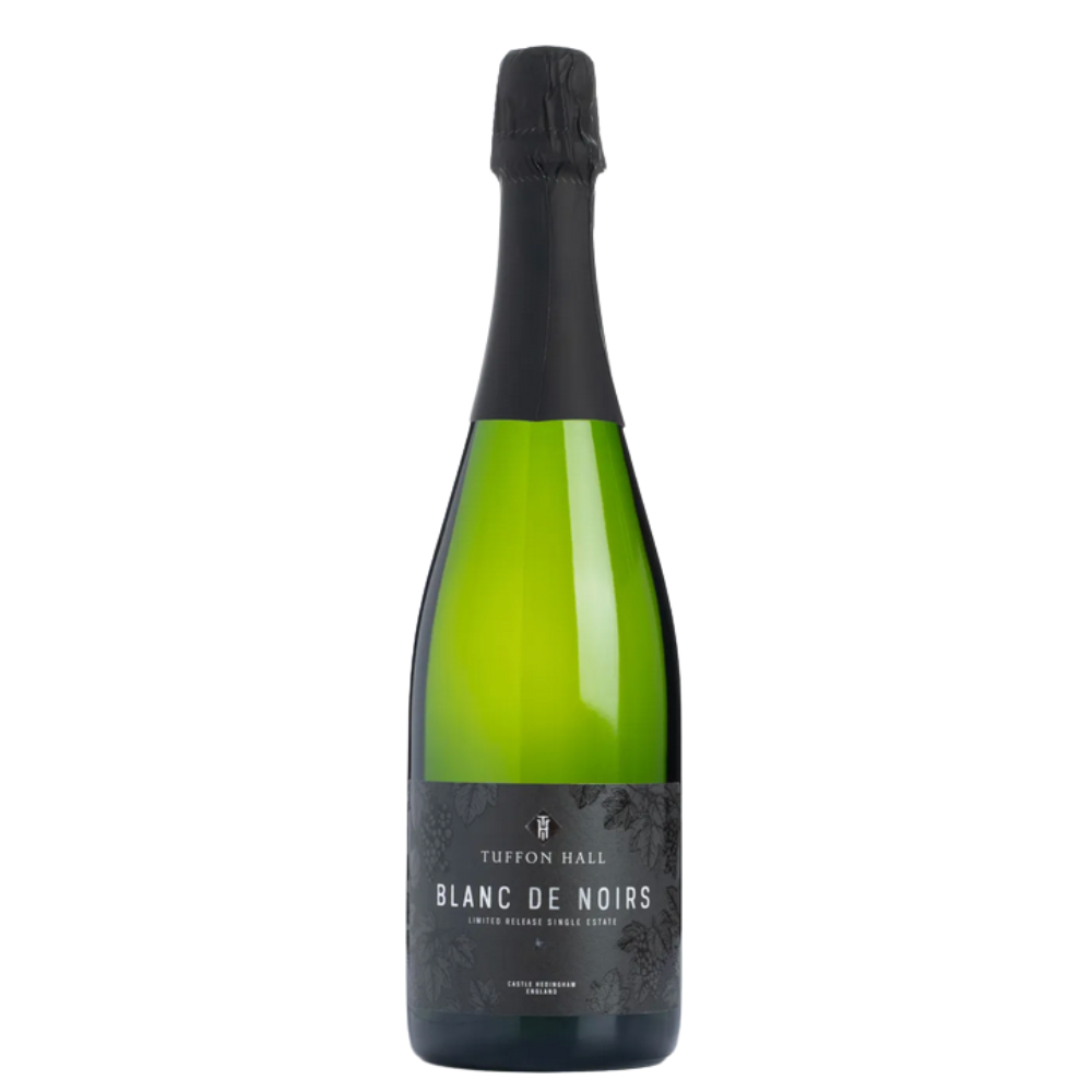 Bottle of Tuffon Hall Blanc de Noirs wine on a white background