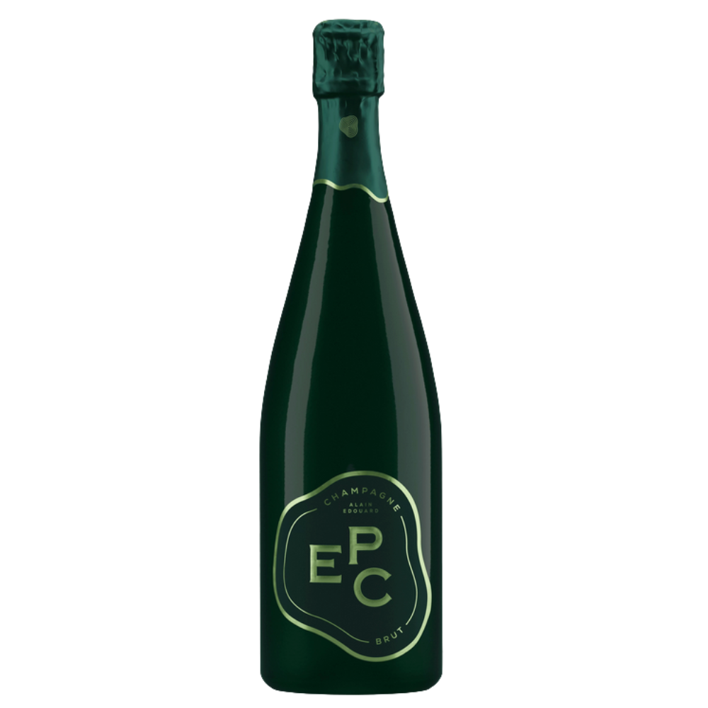 Green champagne bottle with 'EPC BRUT ' branding on a white background
