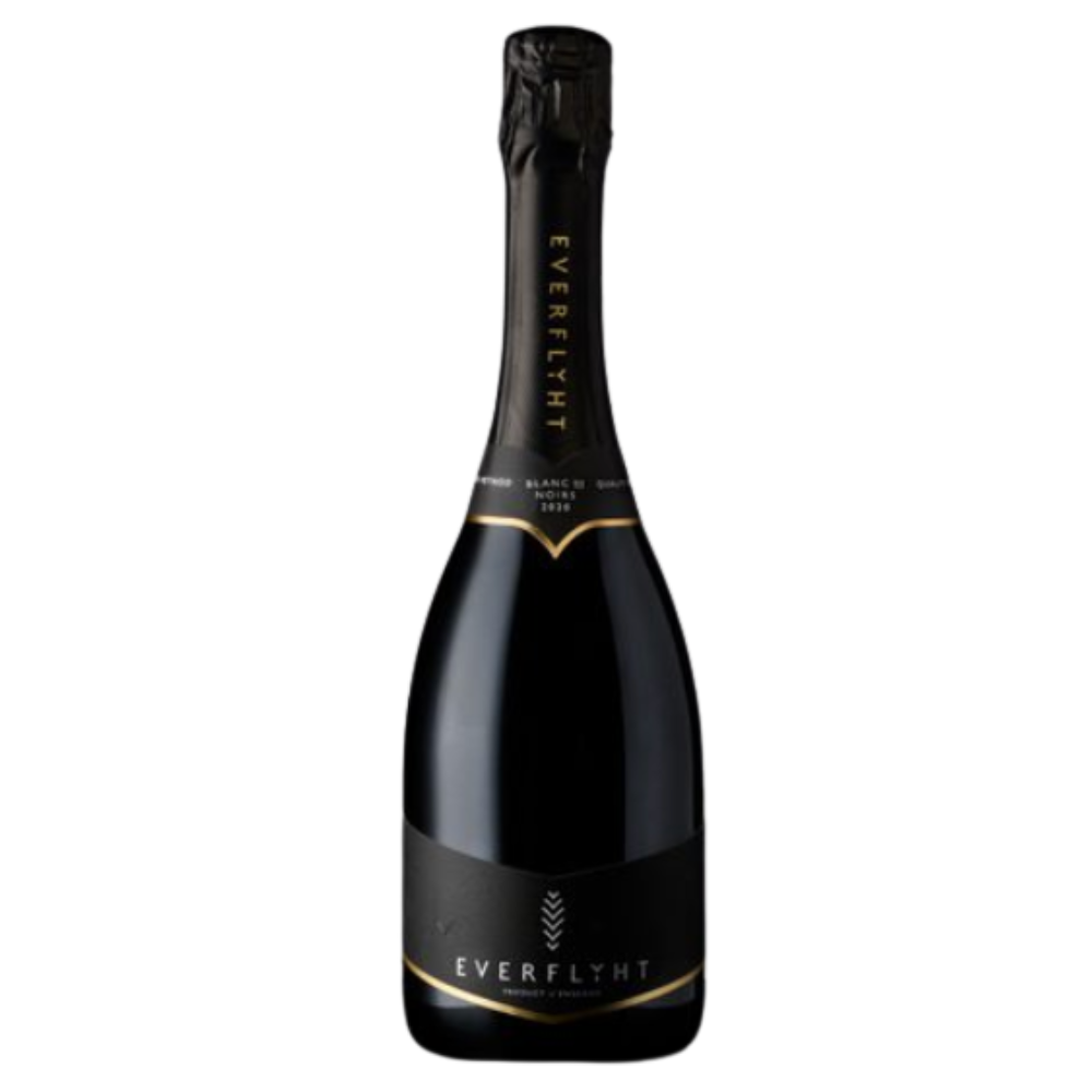 Black bottle of Everflyt wine on a white background