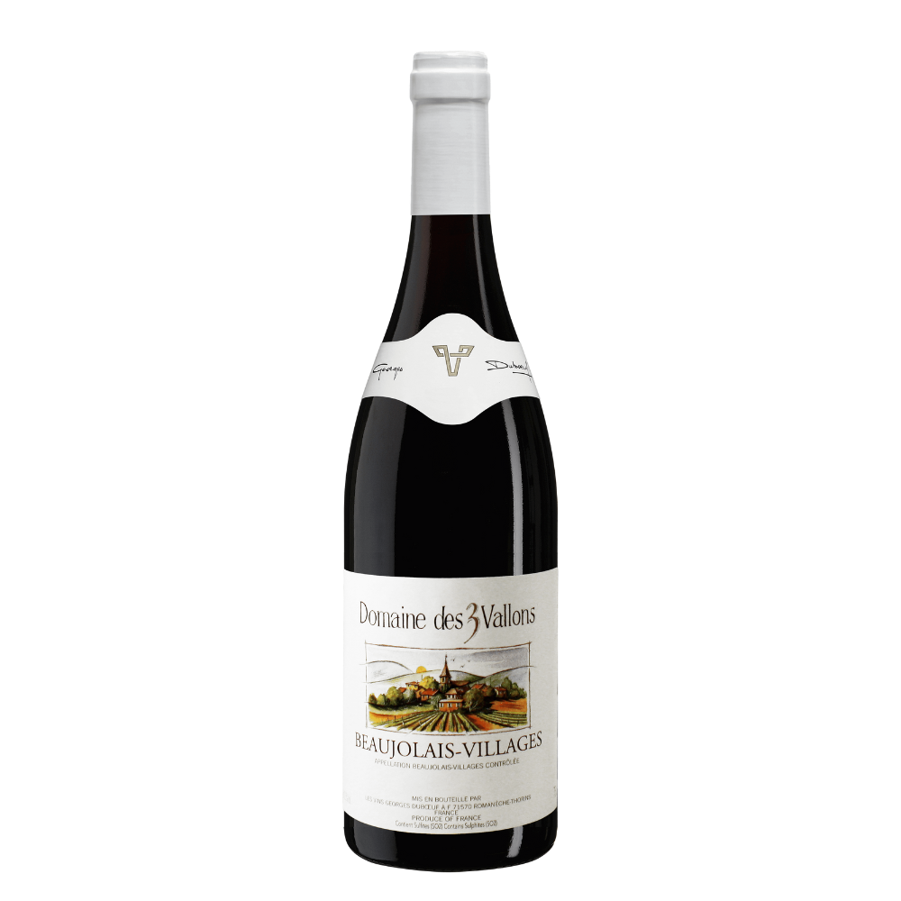 George Duboeuf Domaine des tris Vallons Beaujolais-Villages wine bottle with a label on a white background