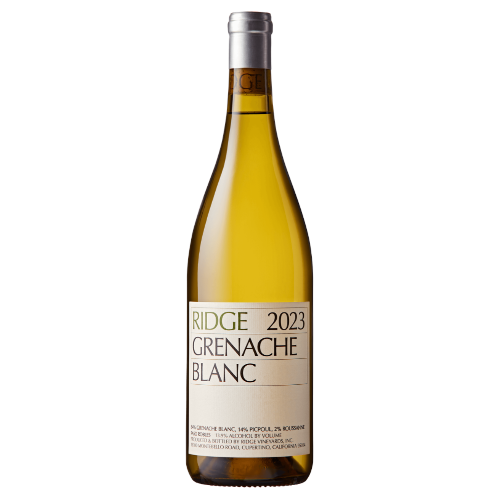 Bottle of Ridge Grenache Blanc 2023 wine on a white background