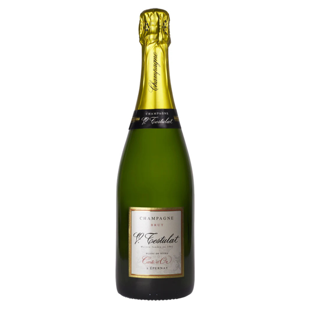 Champagne bottle with gold foil cap on a white background