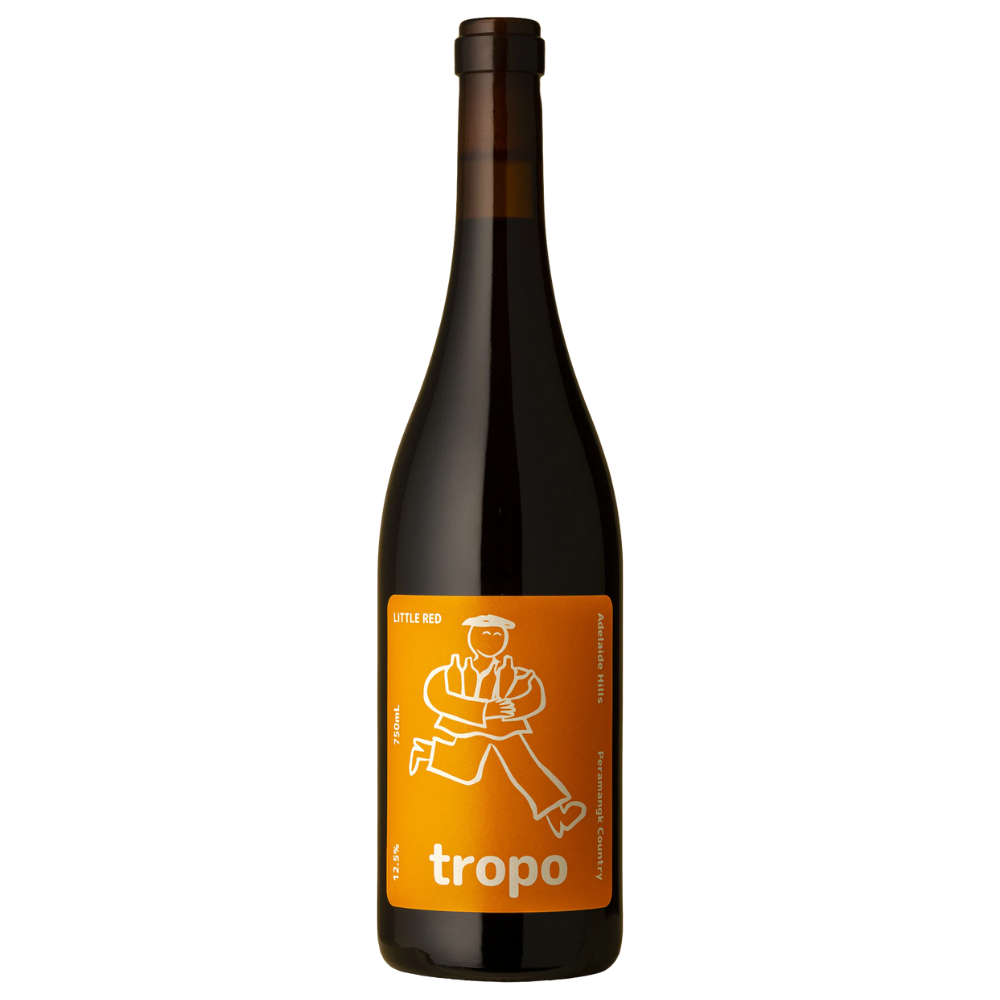 Tropo Little Red wine bottle with an orange label featuring a white graphic and text on a white background