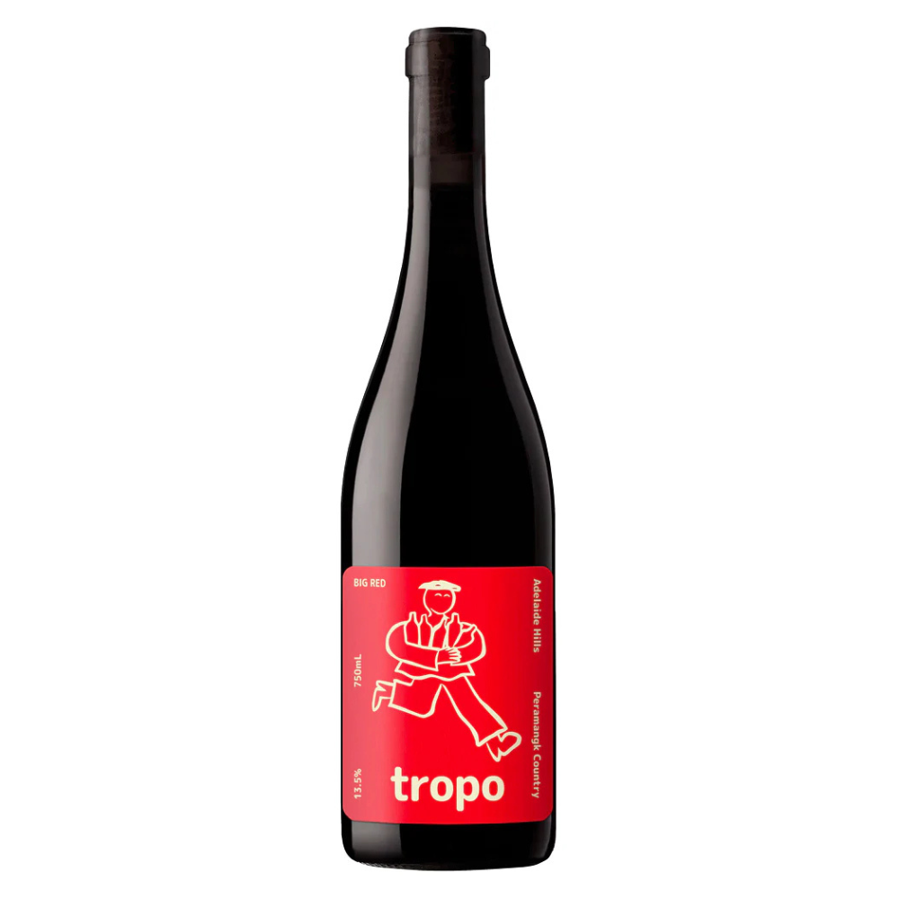 Tropo Big Red red wine bottle with a red label featuring a white graphic and 'tropo' branding on a white background.