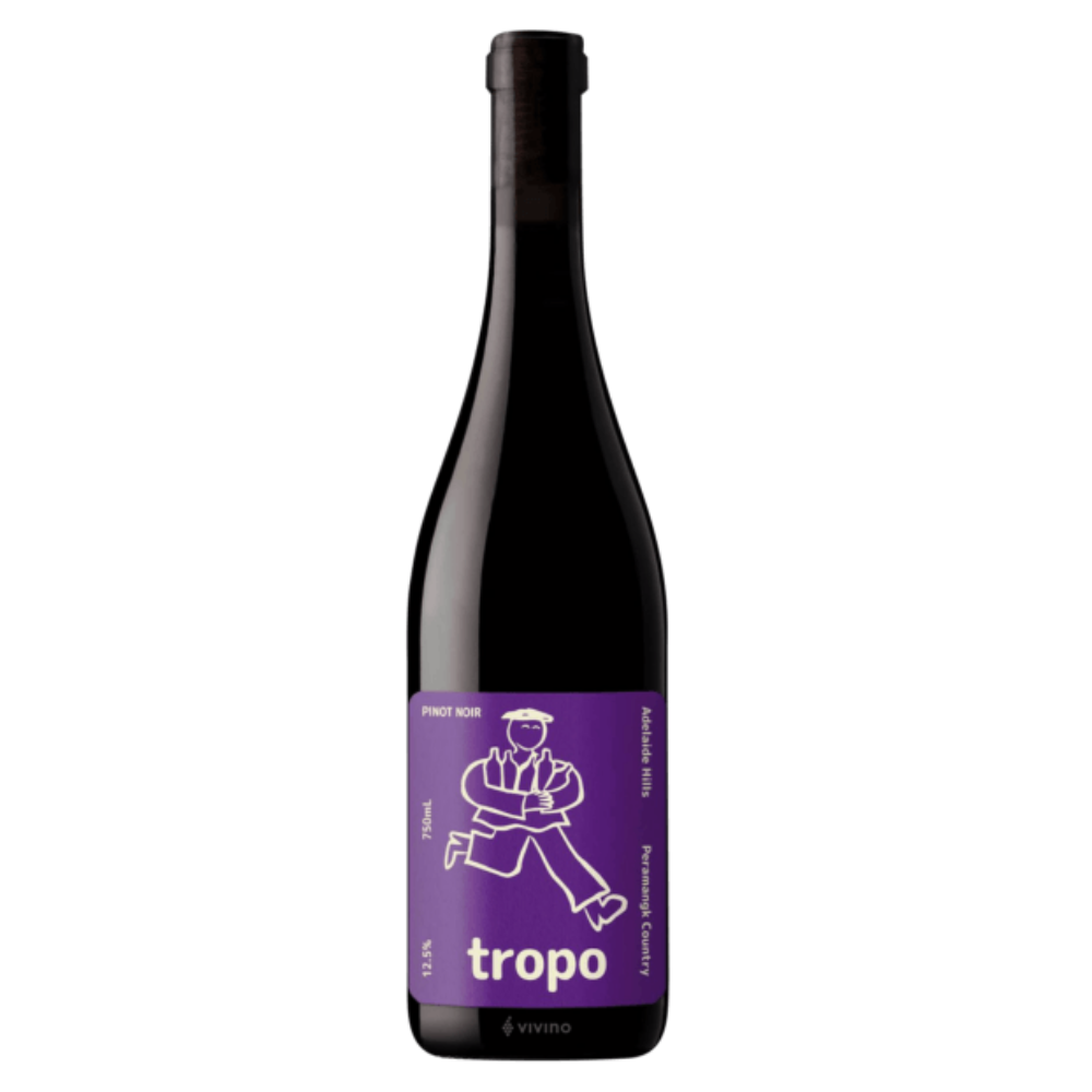 Tropo Pinot Noir wine bottle with a purple label featuring a logo and text on a white background