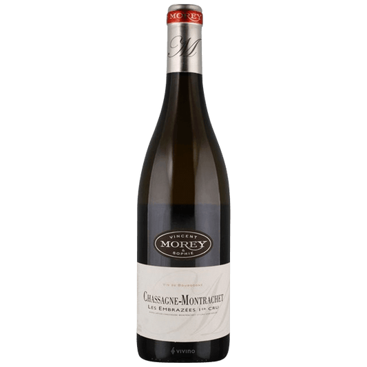 Vincent Sophie Morey Chassagne-Montrachet Les Embrazees Premier Cru wine bottle on a white background