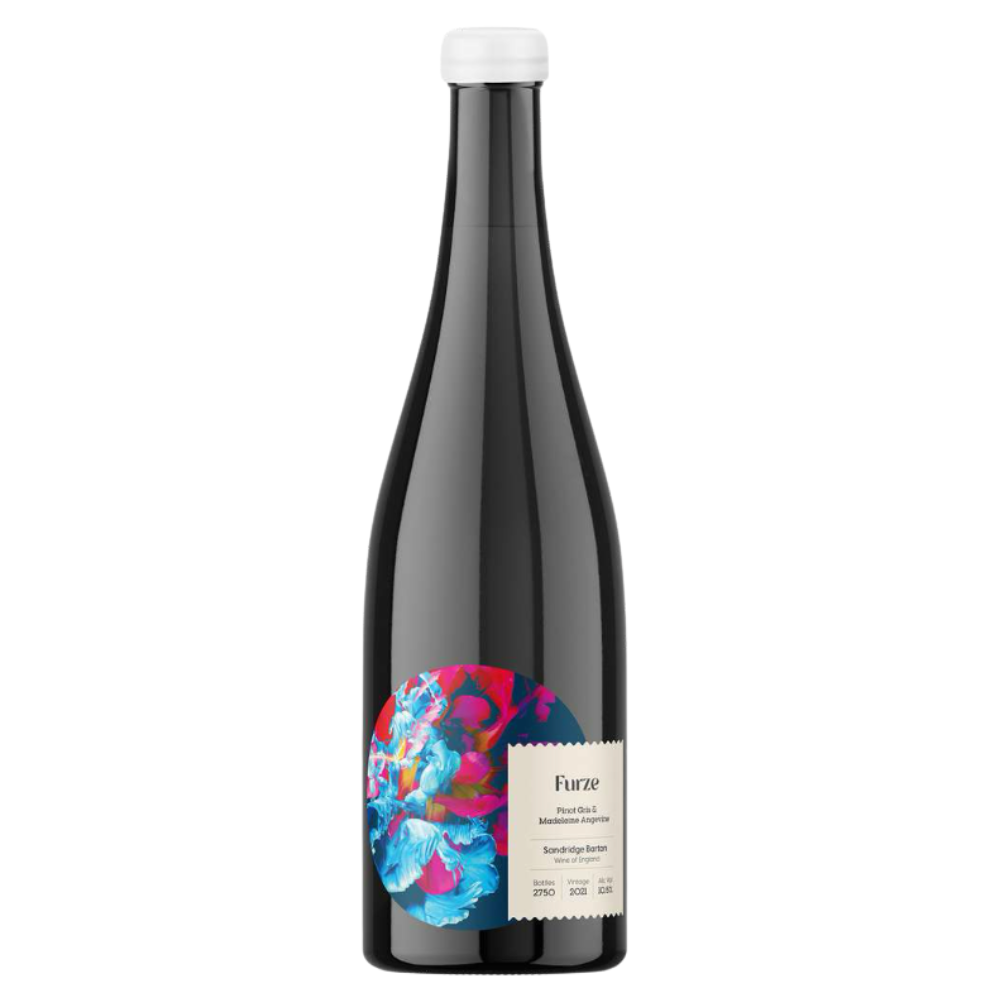 2021 Sharpham  Furze PinotGris and Madange. Bottle of Furze wine with a colorful label on a white background