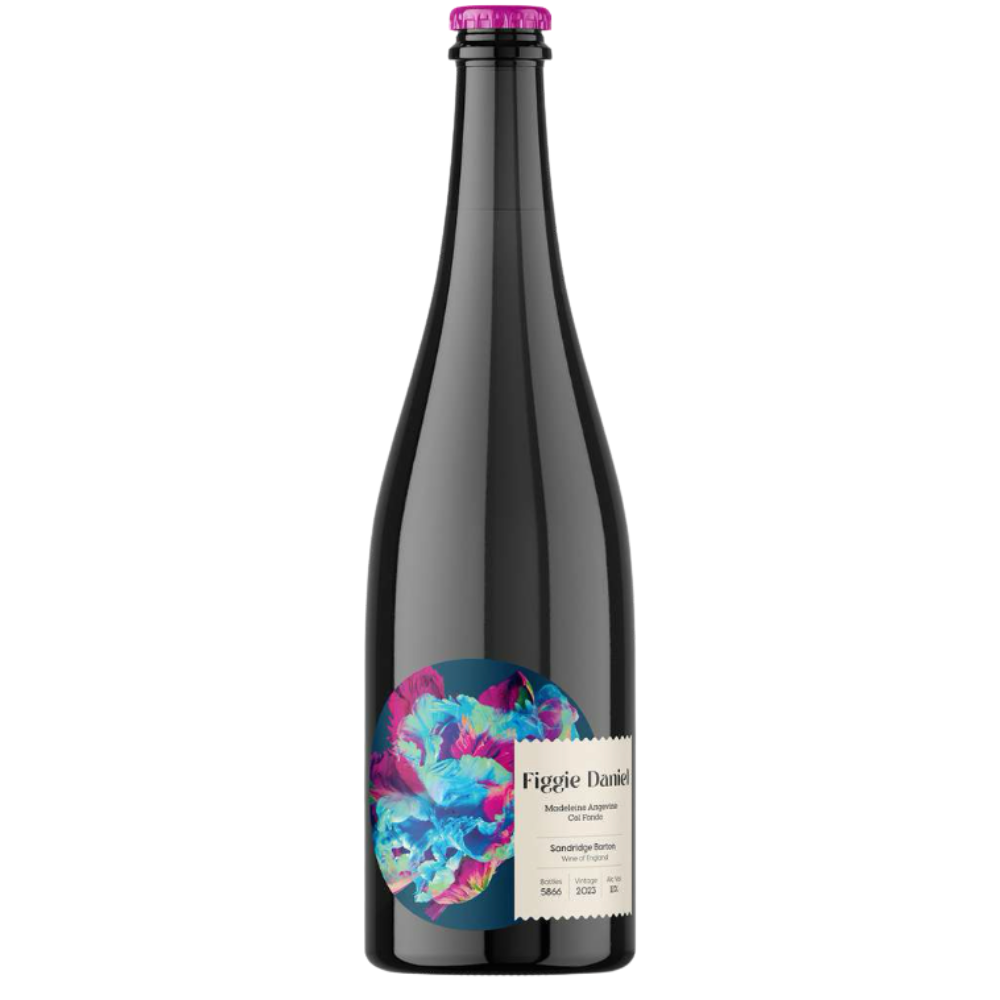 2023 Sharpham FiggieDaniel Col Fondo. Wine bottle with colorful label on a white background