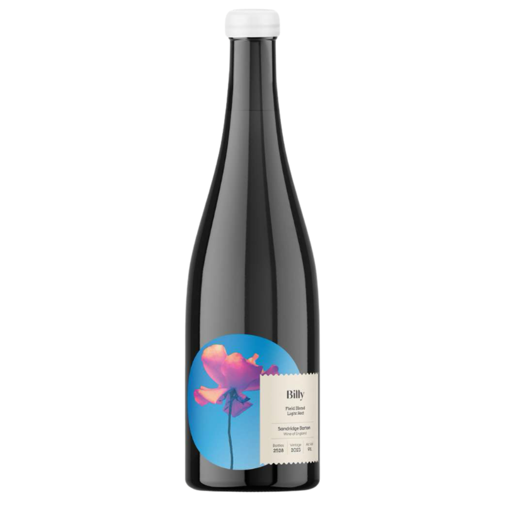 2023 Sharpham field blend. Lightred Black wine bottle with a colorful label on a white background
