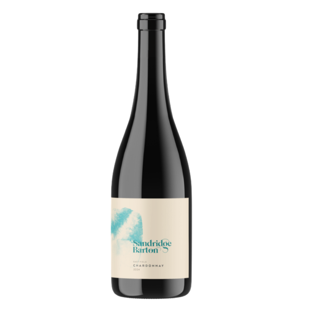 2024 Sharpham Eastfield Chardonnay. Wine bottle with a label on a white background