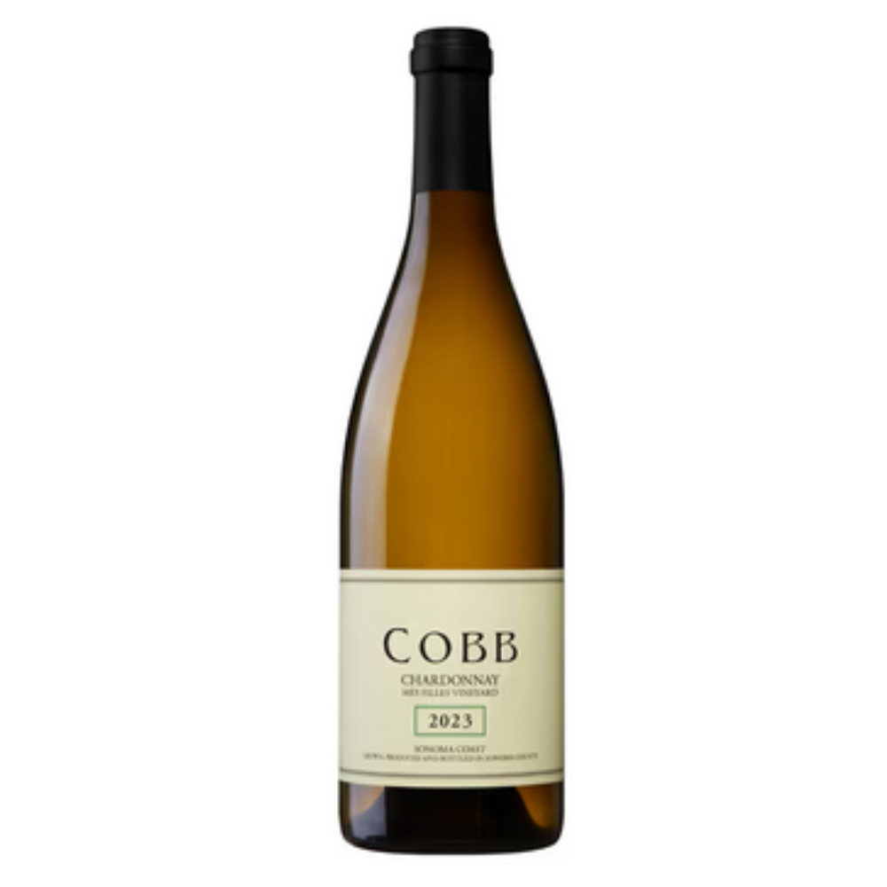 Wine bottle with '2023 Cobb chardonnay ' label on a white background