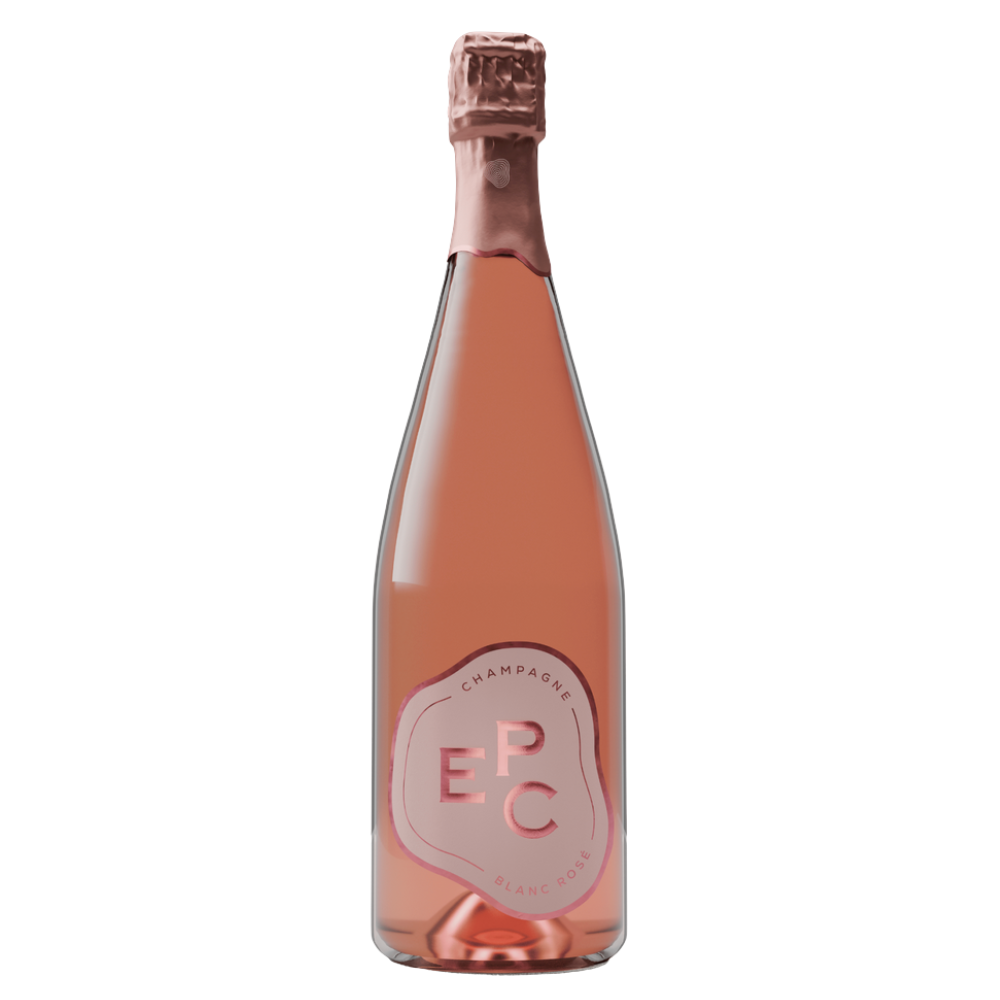 Rose gold champagne bottle with a visible brand logo on a white background