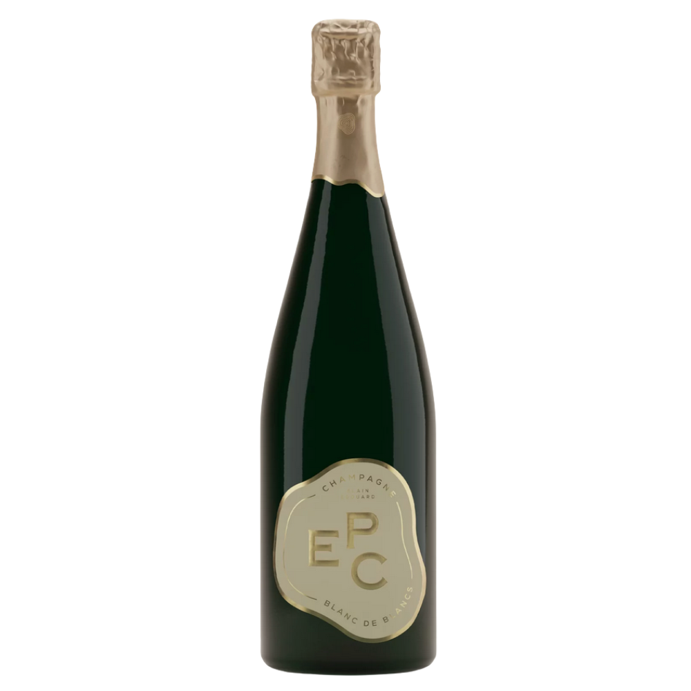EPC Blanc de Blancs Brut.  Bottle of champagne with a gold foil cap and label on a white background
