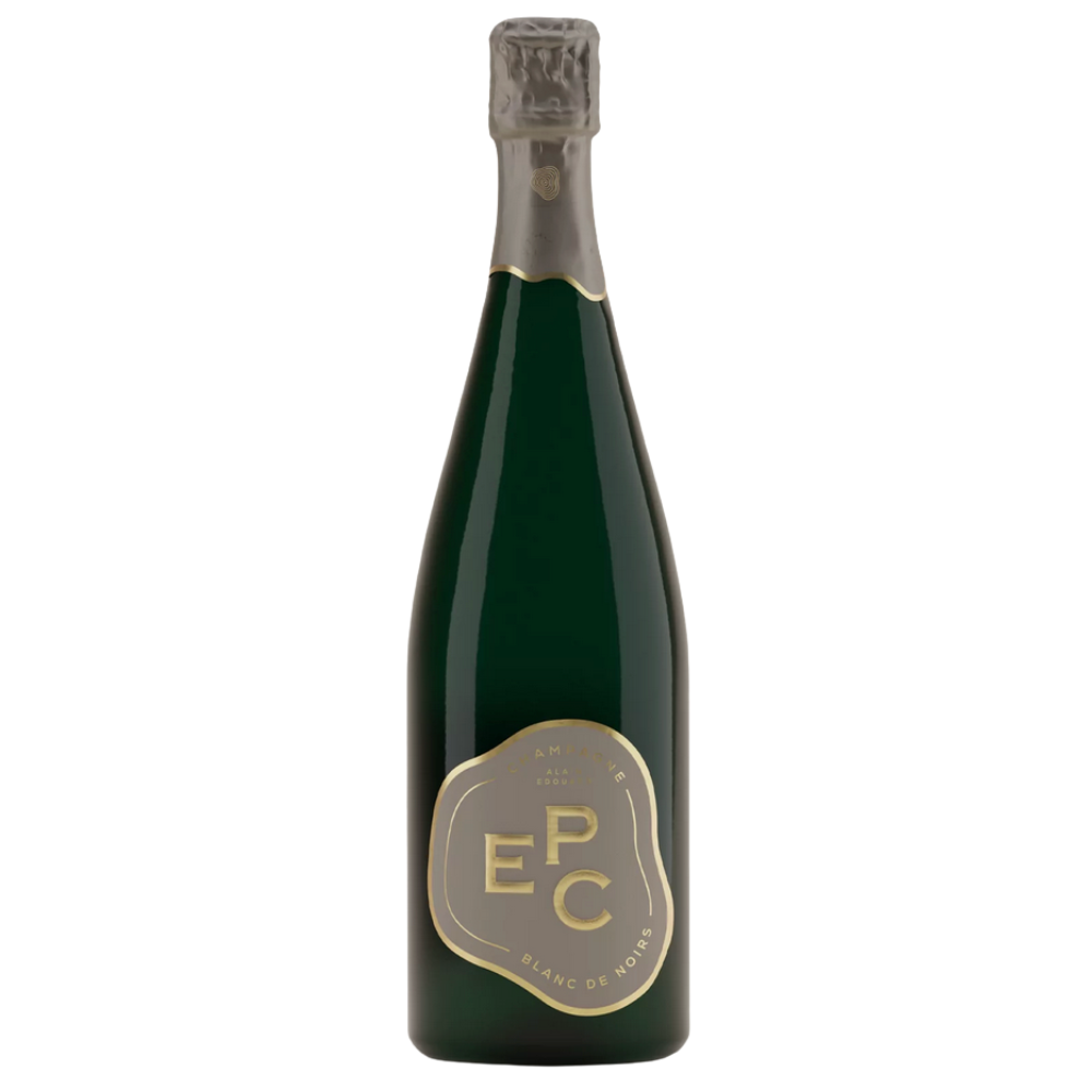 Green champagne bottle with gold foil label on a white background