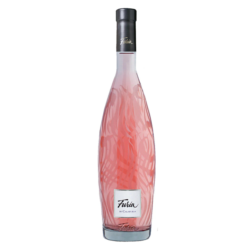 Pink wine bottle with black cap and 'Furia' label on a white background