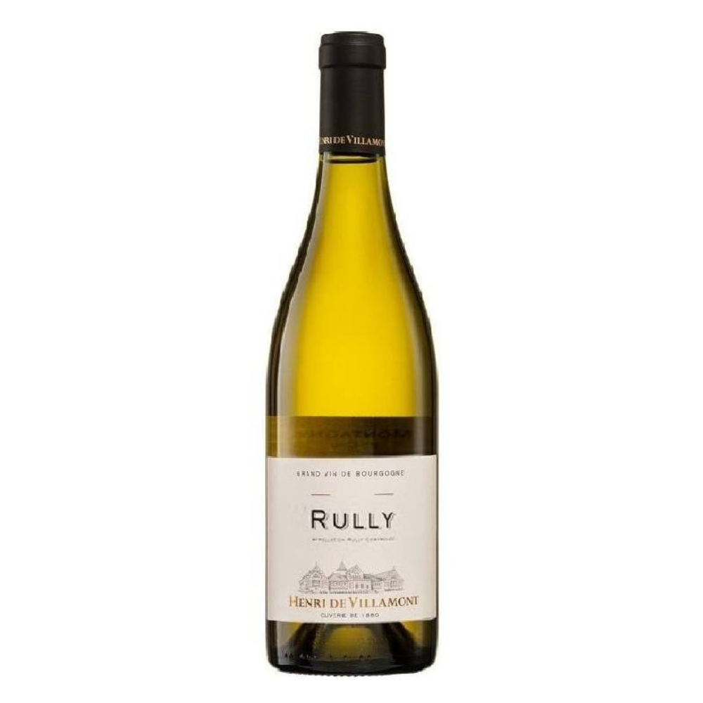 Bottle of Henri de Villamont Rully wine on a white background