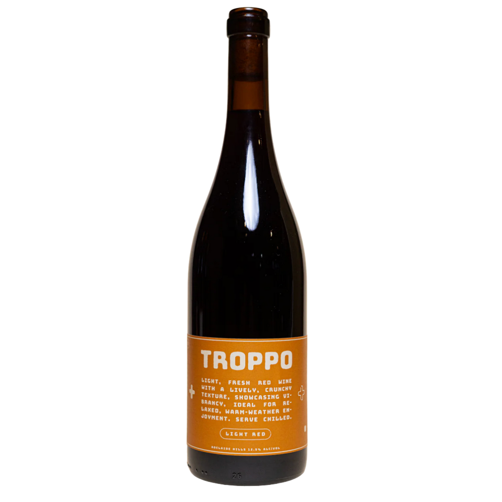 Wine bottle with 'Troppo' label on a white background