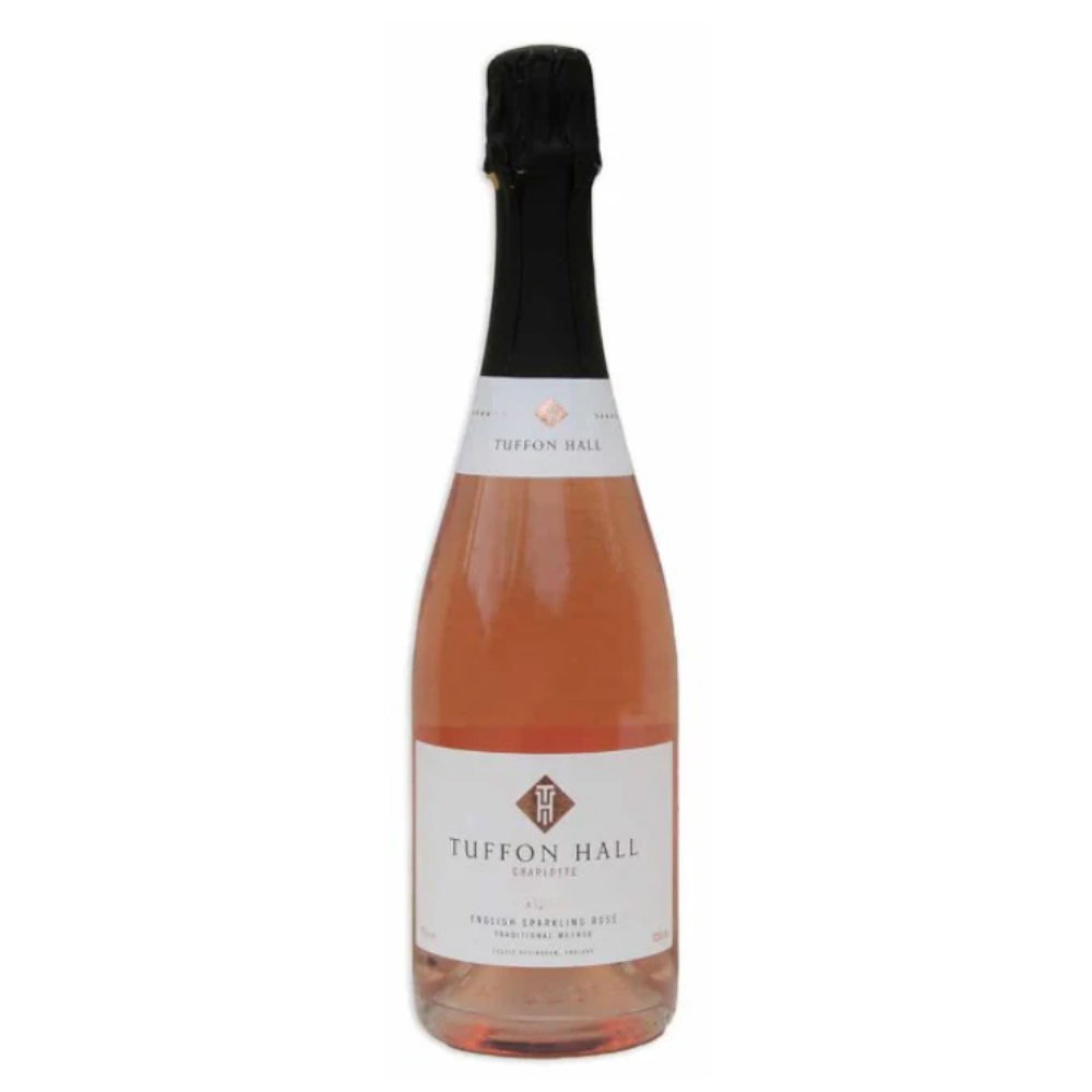 Bottle of Tuffon Hall Charlotte Rose sparkling wine on a white background