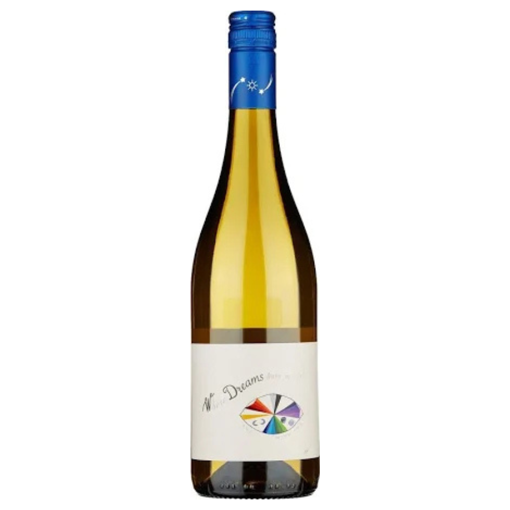 Wine bottle with a colorful label on a white background