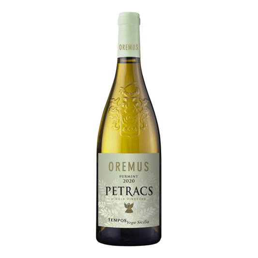 Wine bottle with 'Oremus Petracs' label on a white background