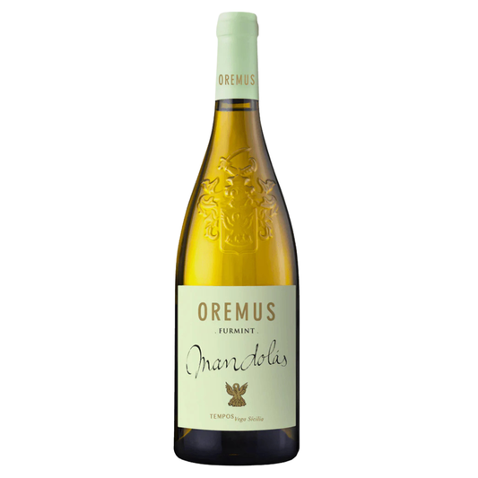 Wine bottle with 'Oremus Mandolas ' label on a white background