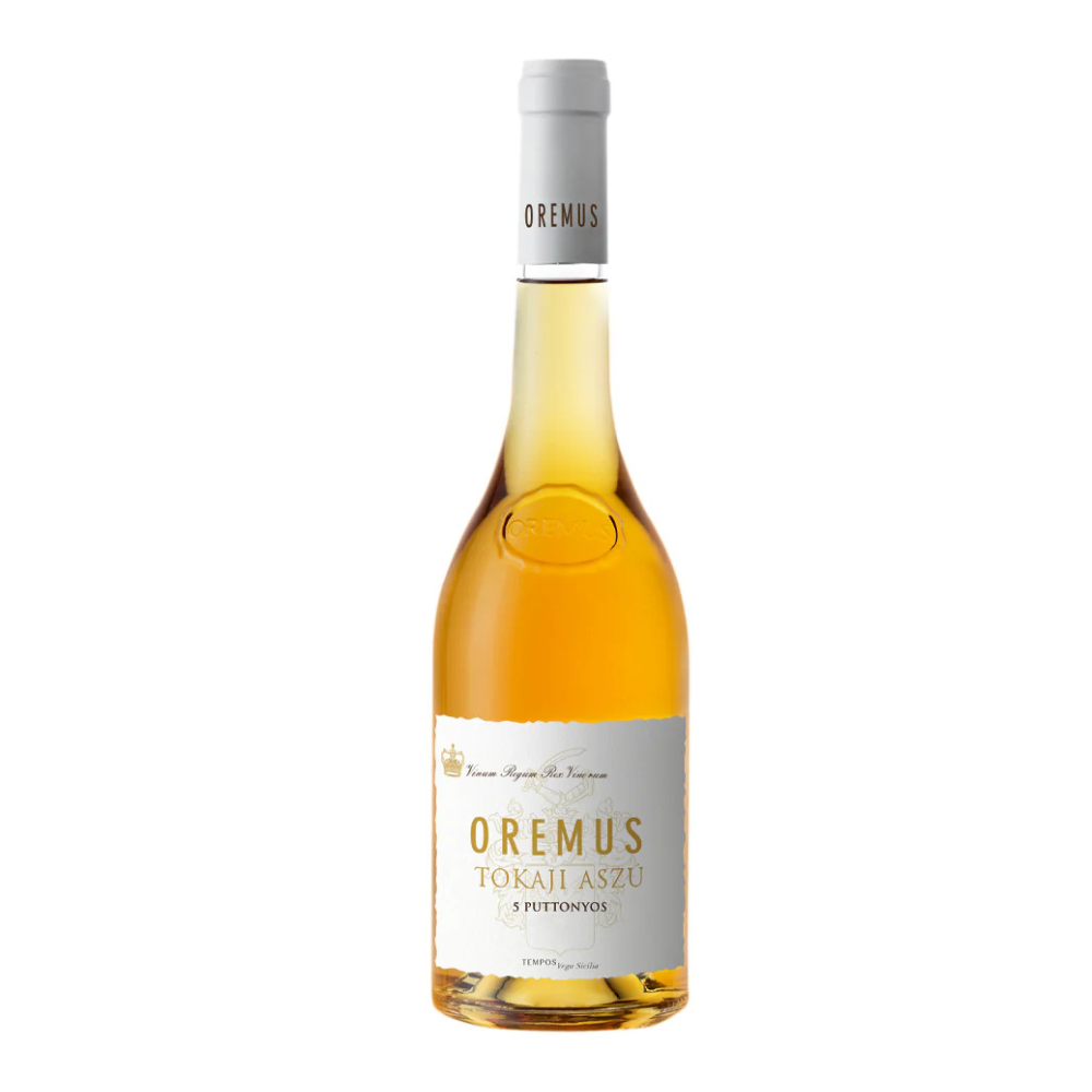 Bottle of Oremus Tokaj Aszu wine on a white background