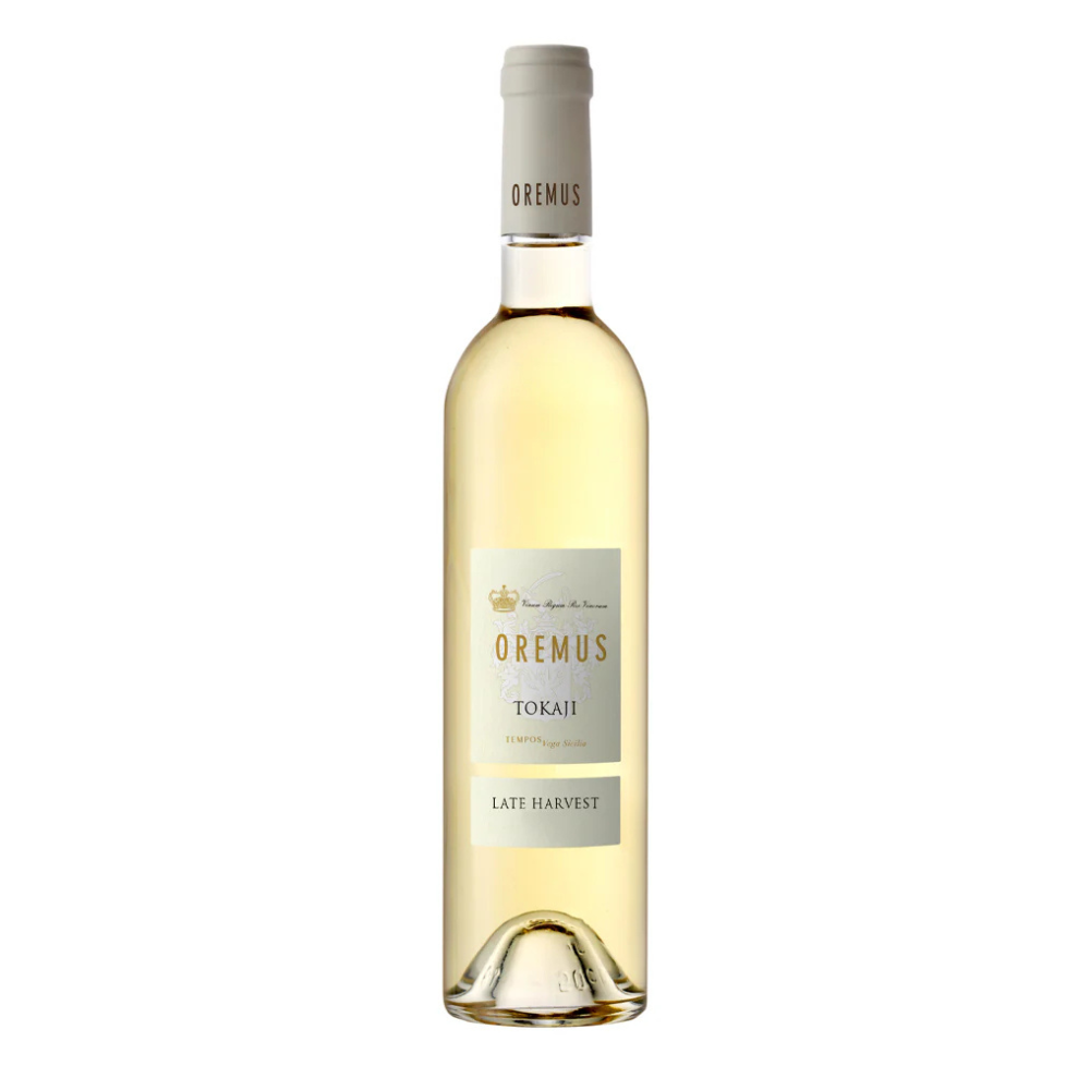 Bottle of Oremus Tokaji Late Harvest wine on a white background